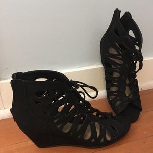 Laser Cut Peep Toe Black Wedges